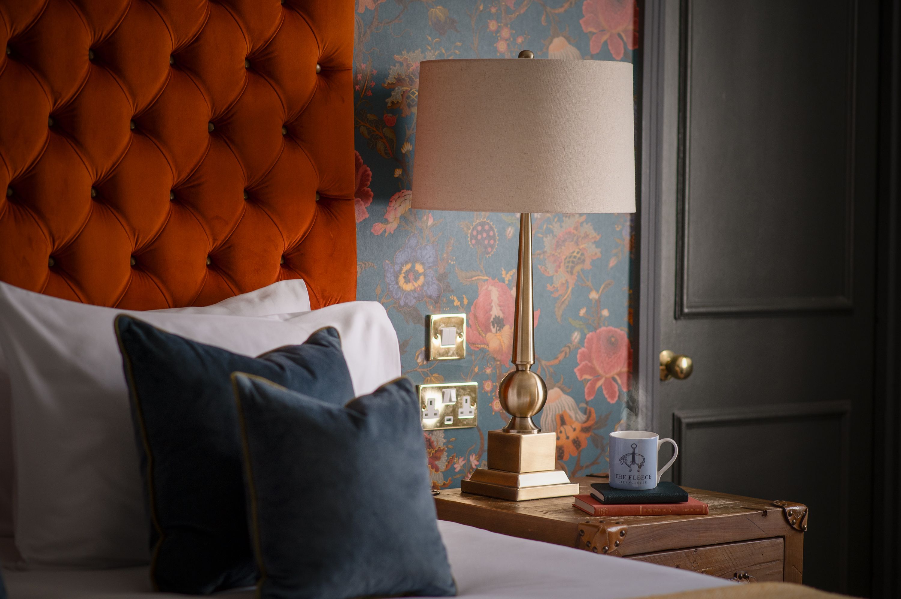 feature bedroom side table and lamp